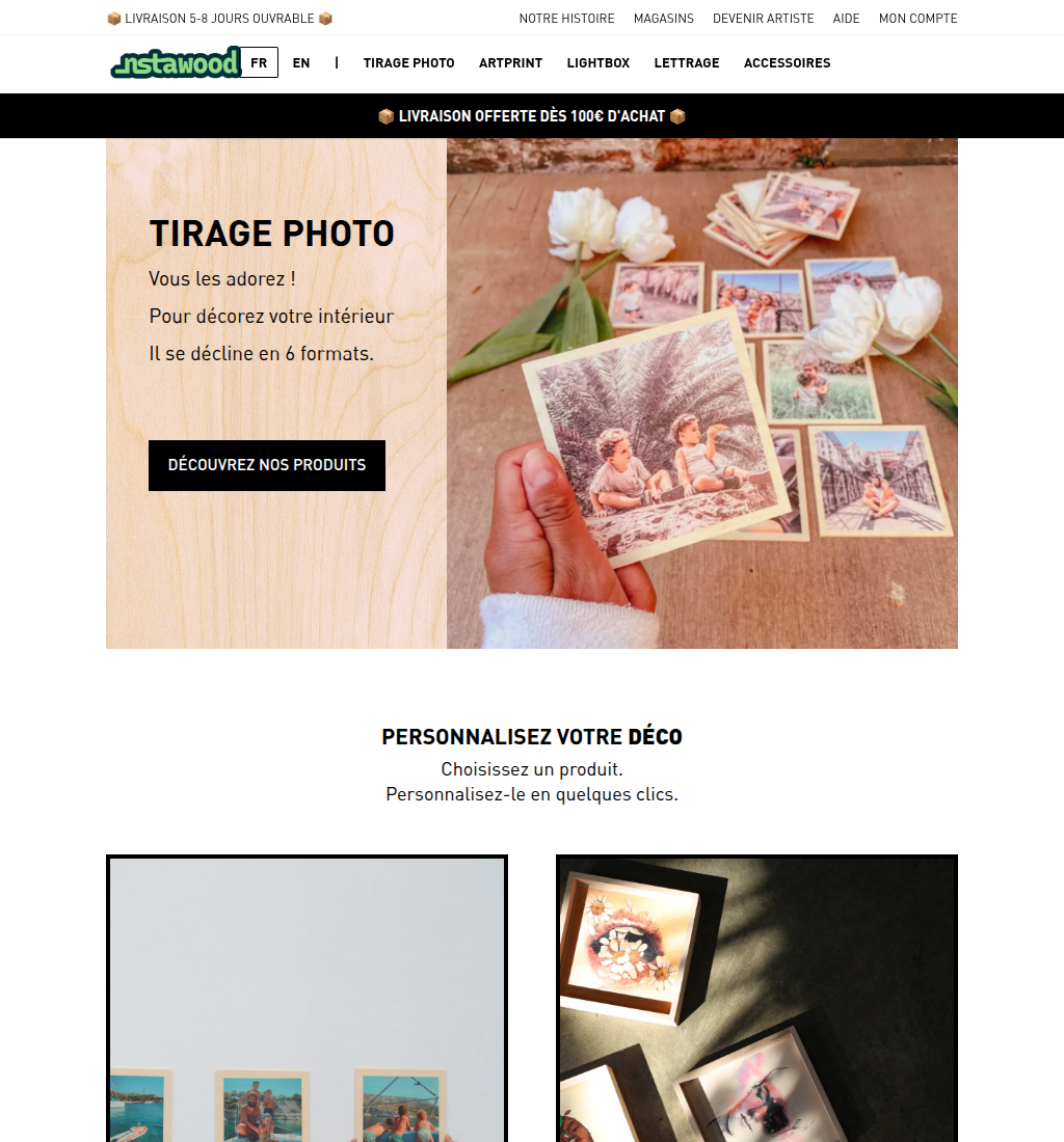Boutique Instawood : tirages photo personnalisés et impressions sur bois.