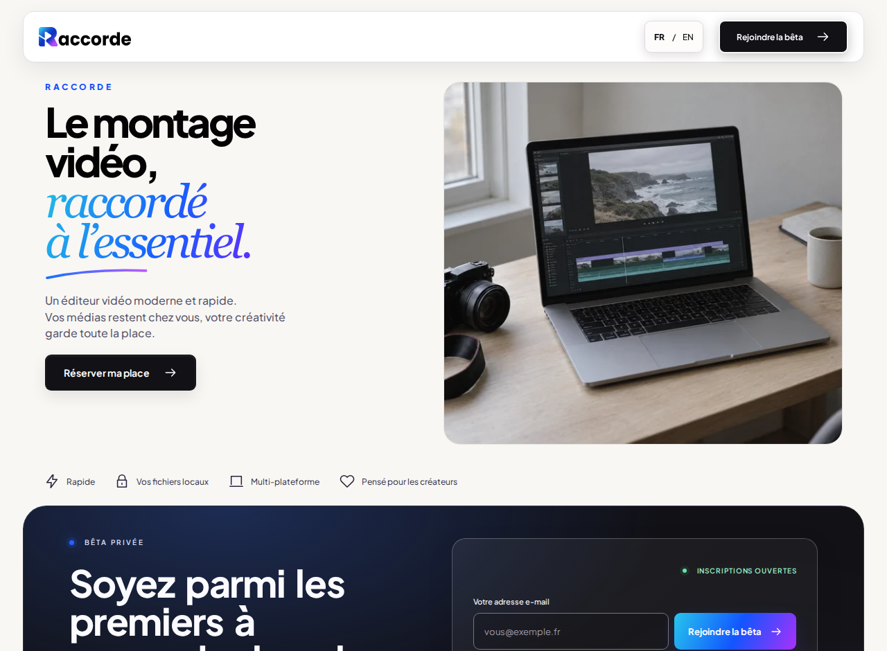 Page d’accueil de Raccorde, logiciel de montage vidéo.